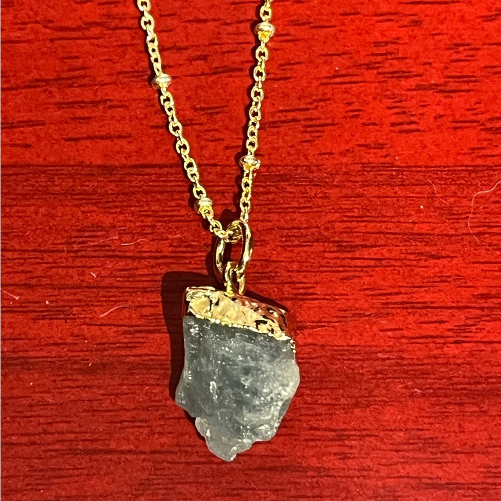 Gold-Trim Raw Aquamarine Crystal Pendant Necklace